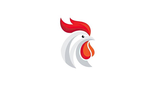 Minimalist white rooster head logo with red comb.