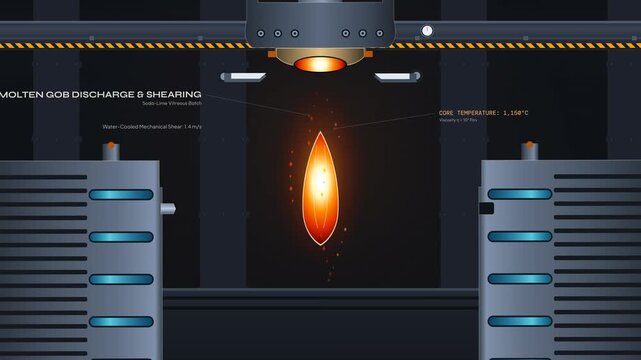 3D animation of the industrial glass blow molding process showing molten gob discharge split mold engagement pneumatic inflation thermal quench and demolding to manufacture a clear glass bottle