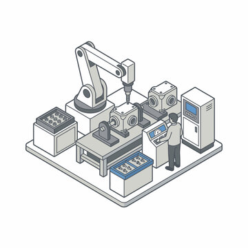 Minimalist Isometric of Modern Industrial CNC Machining Workstation with Robot Arm Control Panels and Operator