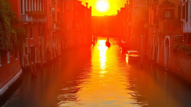 Timelapse of a gondolier rowing down a scenic canal inspired by Venice at sunset. Traditional boat moving towards a bright golden sun in historical European city style. Romantic travel concept.