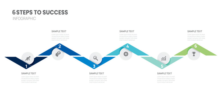 6 Step Business Timeline Infographics Roadmap to success presentation template. Vector illustration.