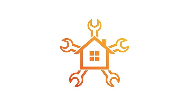Orange house icon surrounded by mechanical wrenches.