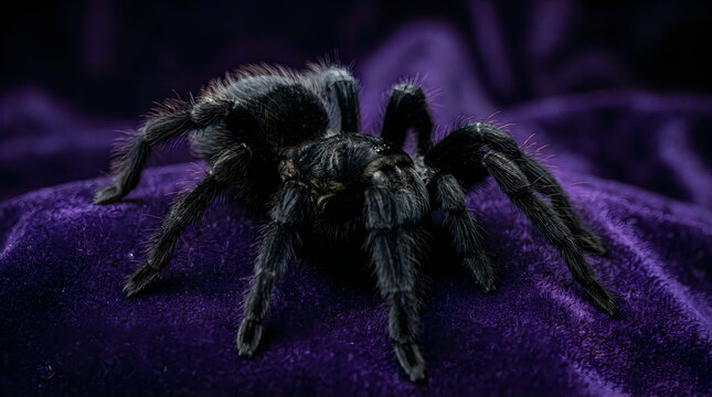 Large hairy tarantula spider in dark purple light