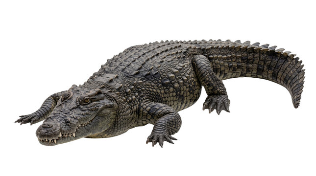 Close-up of a large, scaly crocodile with sharp teeth, isolated on a white background, solated on transparent background