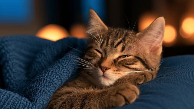 Cozy tabby kitten sleeps peacefully