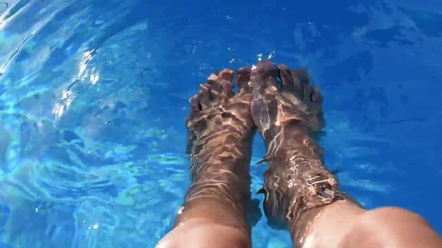 Female feet dangling in the clear blue swimming pool water HD short