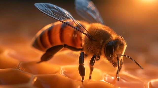 Golden light wraps a honey bee on a hexagonal honeycomb