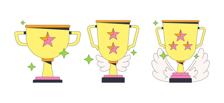 Winner trophy cups with stars and wings 2D cartoon clip art set. Achievement award. Reward system. Gamification levels isolated flat vector elements on white background. Spot illustration pack