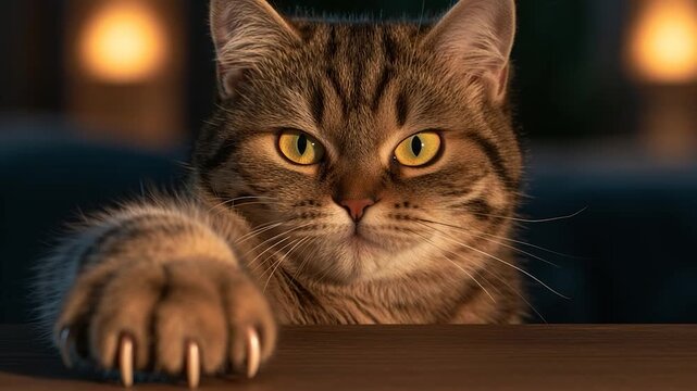 Soft light glows behind a tabby cat