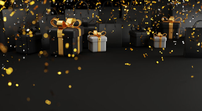 Black friday sale banner design of gift box and shopping bag with confetti falling 3d render