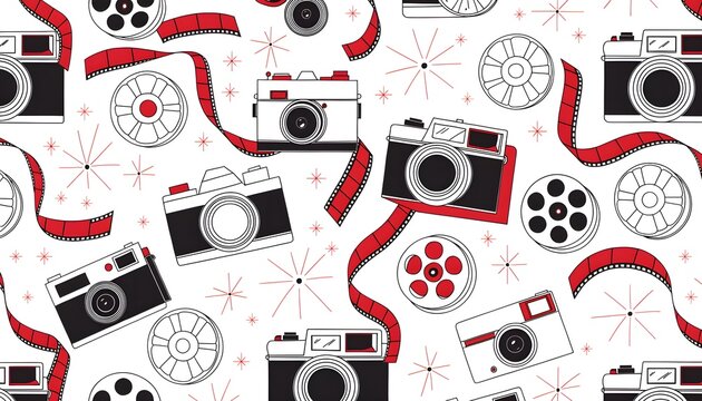 Black and white line art vintage camera seamless pattern vector illustration with red flash accents for retro wrapping paper design
