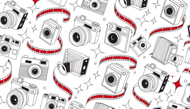 Black and white line art vintage camera seamless pattern vector illustration with red flash accents for retro wrapping paper design