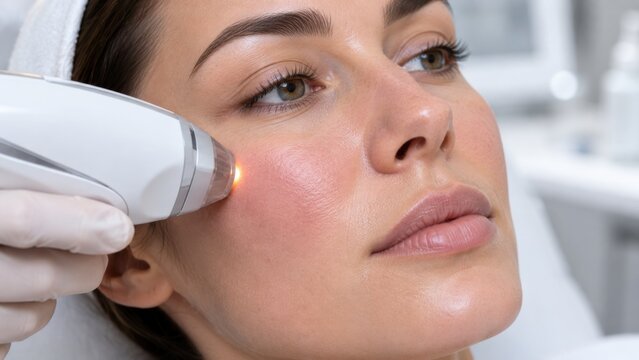 Close-up of a woman receiving a professional laser skin treatment for facial redness, representing dermatology, rosacea care, skin rejuvenation and aesthetic medicine