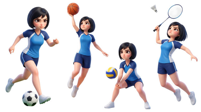 3D Character Girl doing sports, badminton, basketball, soccer, volleyball, transparent png