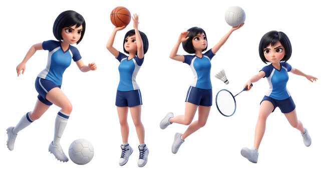 3D Character Girl doing sports, badminton, basketball, soccer, volleyball, transparent png