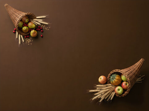 Two cornucopias overflowing with autumn fruits and grains on a dark background