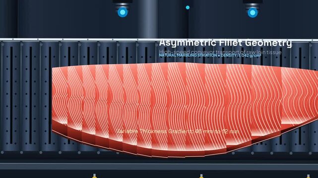 3D animation of industrial food processing featuring a hypersonic waterjet cutting a raw salmon fillet into equal mass portions using a constant mass algorithm matrix and optical scanning