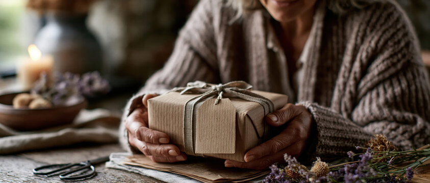 Older woman presenting gift at cozy craft table indoors
