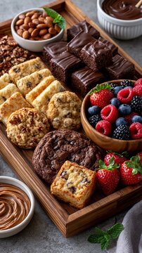 Assorted cookies brownies and berries on wooden serving tray