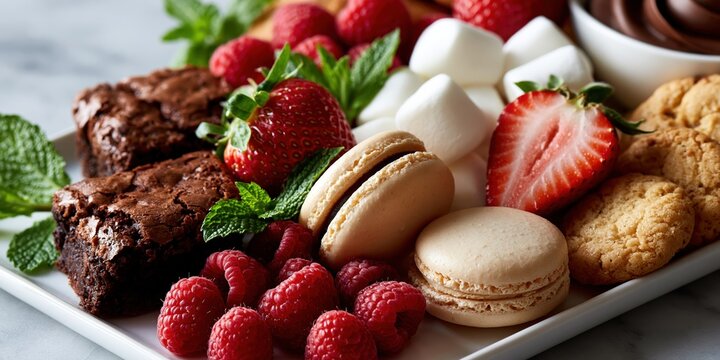 Assorted desserts arranged on serving platter with strawberries