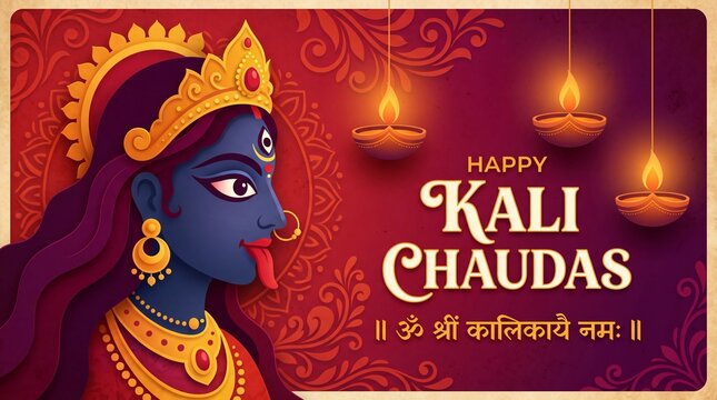 Decorative greeting card design for the hindu festival of kali chaudas featuring goddess kali and traditional oil lamps