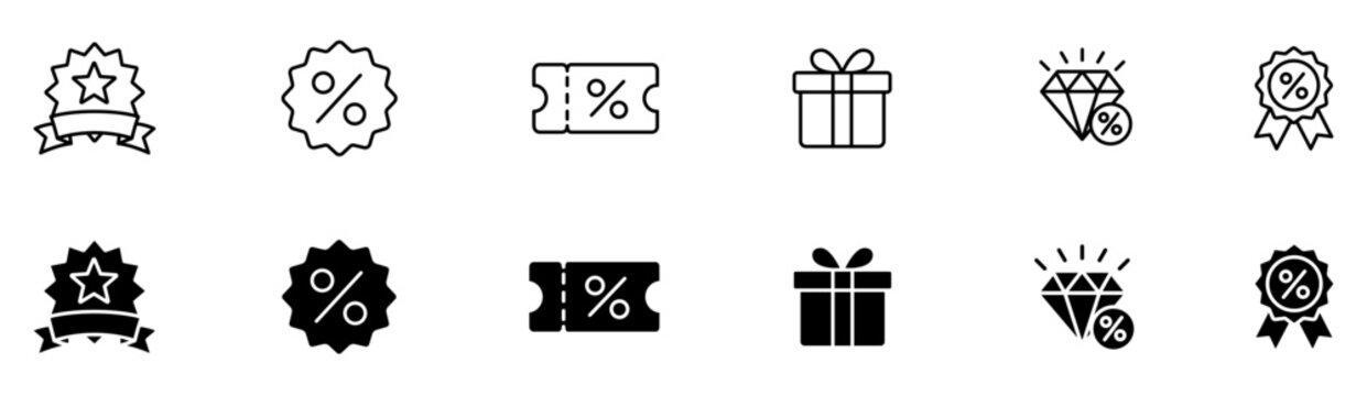 Discount promotion and shopping offer vector line and filled icon set for retail sale and marketing badge.