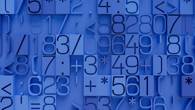 High-Detail 3D Render of Varied Mathematical Symbols and Numbers in Diverse Sizes on Textured Blue Background, Showcasing Depth and Clarity for Educational and Design Use