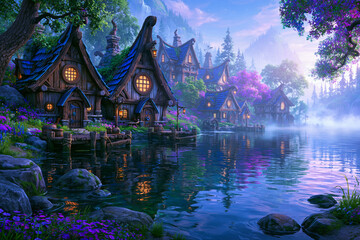 Fototapeta premium High fantasy lakeside village with wooden cottages, crooked chimneys and morning mist