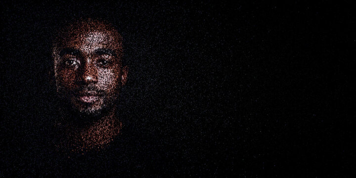 Digital ID Portrait of Man with Face made up of Code. Identity wallet Concept with copy-space.