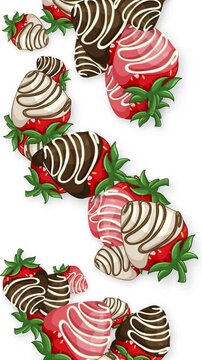 Vertical Animation of Chocolate Dipped Strawberries Falling on White Background
