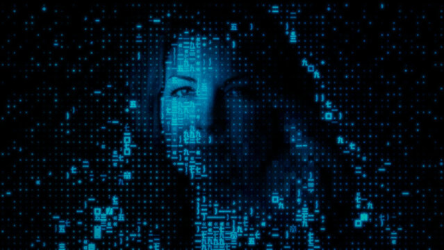 Woman's Face made of Programming Code. Surveillance Capitalism Concept.