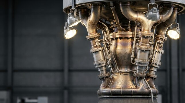 Minimalist optical Rocket engine nozzle cluster com refracting vivid spectrum light rays across clean studio podium