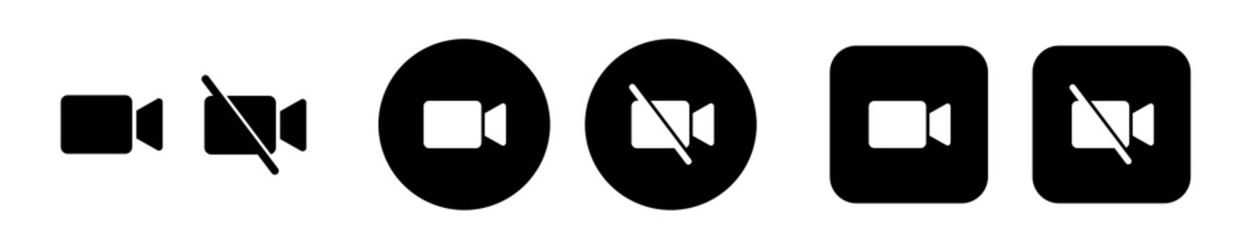 Video camera icon set with video on off status symbols. Video call icons for online meetings, conferencing and virtual communication