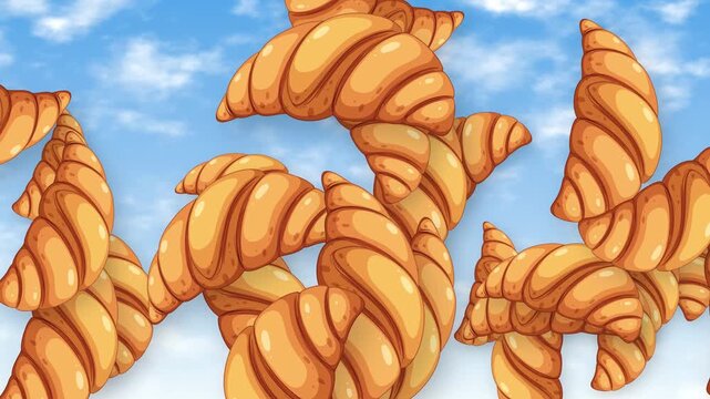 Animated Croissants Falling and Floating Against a Blue Sky Background