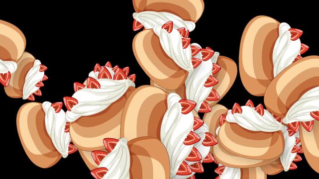 Animated Bursting Strawberry Cream Pastries Falling on Black Background