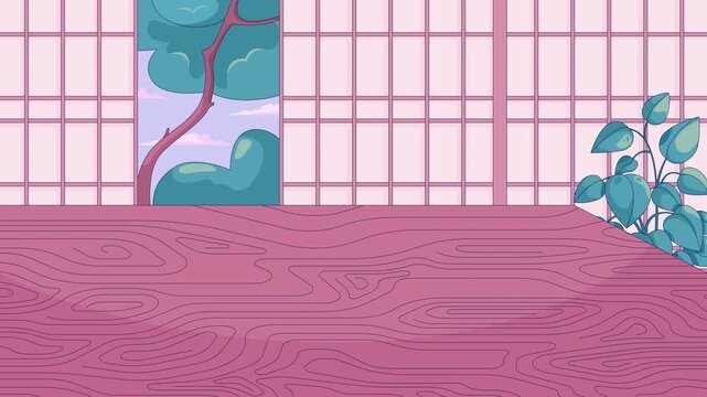 Japanese interior with wooden table and shoji screens animated background. Leafy plant swaying and tree view in calm room. Dining space 4K video. Flat 2D cartoon backdrop animation