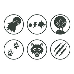 Fototapeta premium Collection of circular werewolf theme icons featuring wolf heads and paw prints