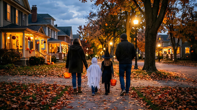 Family in halloween costumes trick or treating on street