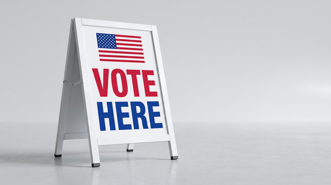 Voting sign with American flag displaying "Vote Here" message on a white background, designed for directing voters to polling locations during elections