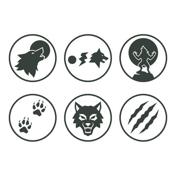 Collection of circular werewolf theme icons featuring wolf heads and paw prints