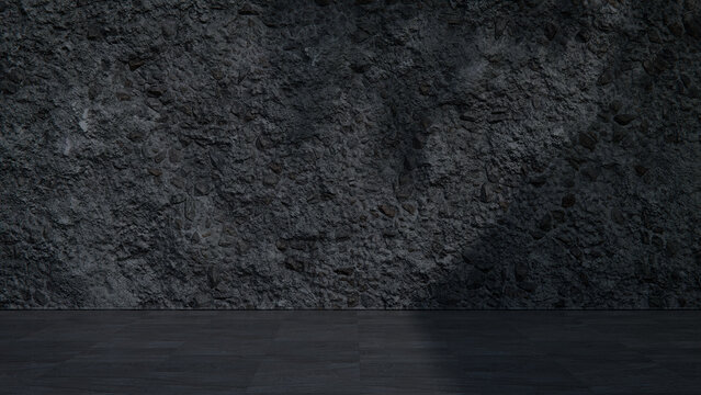 Blank Broken Concrete Wall Exterior with Deep Shade and Tiled Floor. Architecture Concept with copy-space.