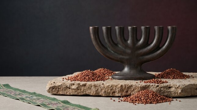 Minimalist black menorah on a rustic stone slab with grains against a dark moody background