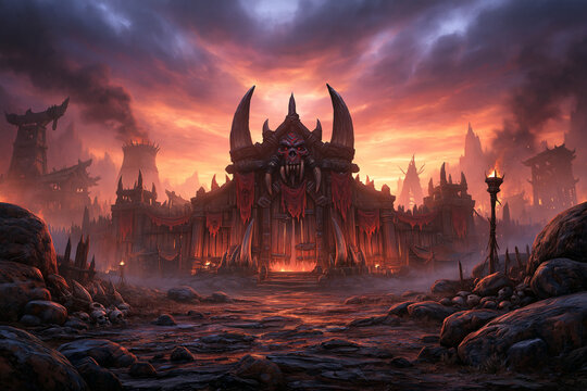 Classic fantasy orc outpost with wooden fortifications, tusk architecture and red banners