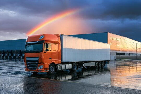 Bright orange truck parked near a large warehouse under a rainbow and cloudy sky at sunset