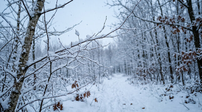 Fresh snowfall covering leafless trees beside a trail, peaceful seasonal scene during icy countryside weather  
