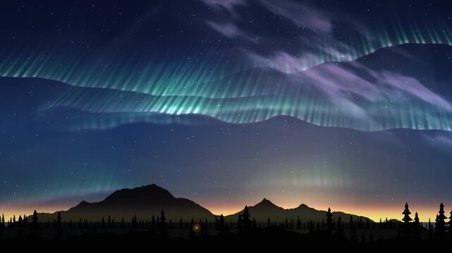 Animated green and purple aurora borealis over mountain ridge and pine forest silhouette, northern lights night sky flat illustration landscape loop