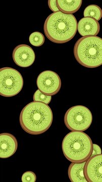 Vertical Animation of Sliced Kiwi Fruit Falling Against Black Background