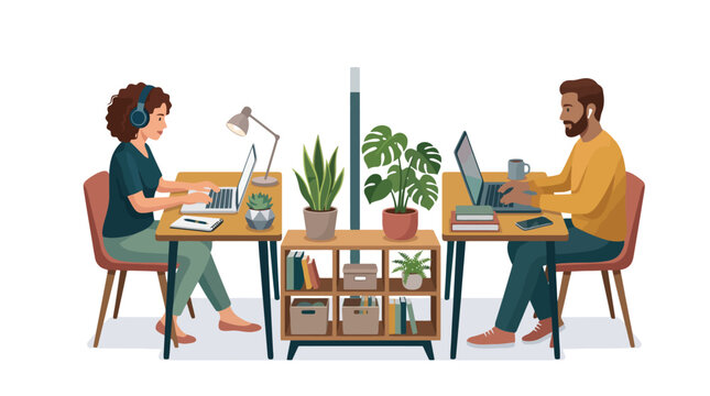 Modern coworking space vector illustration, diverse freelancers working on laptops in home office, remote work concept with plants and furniture