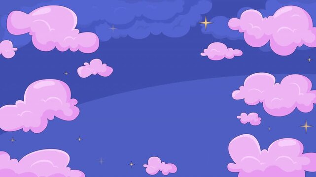 Dreamy pink clouds and golden stars in blue night sky animated background. Whimsical celestial cloudscape. Bright sparkles in magical nighttime 4K video. Flat 2D cartoon backdrop animation