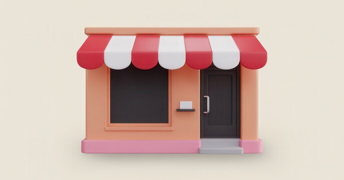 3D rendered illustration of a small retail store with a red and white striped awning